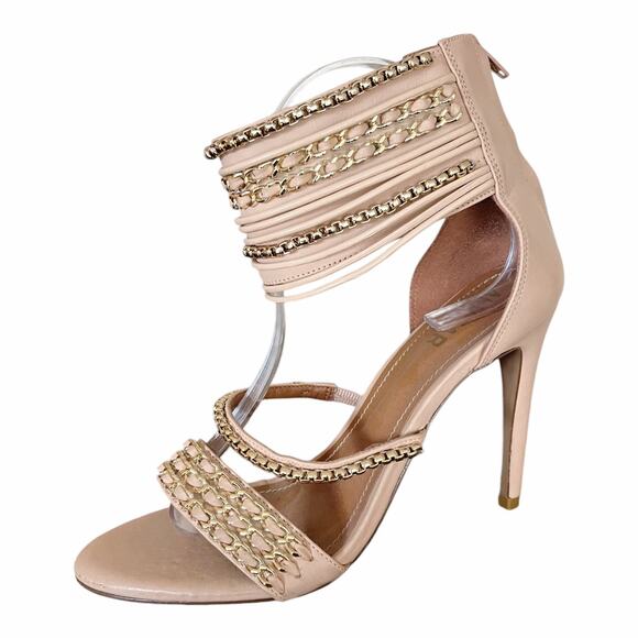 ALVEA Tan Leather Strappy Sandal Chain Stiletto Heels Ankle Strap Zip Closure 8 - Picture 2 of 9